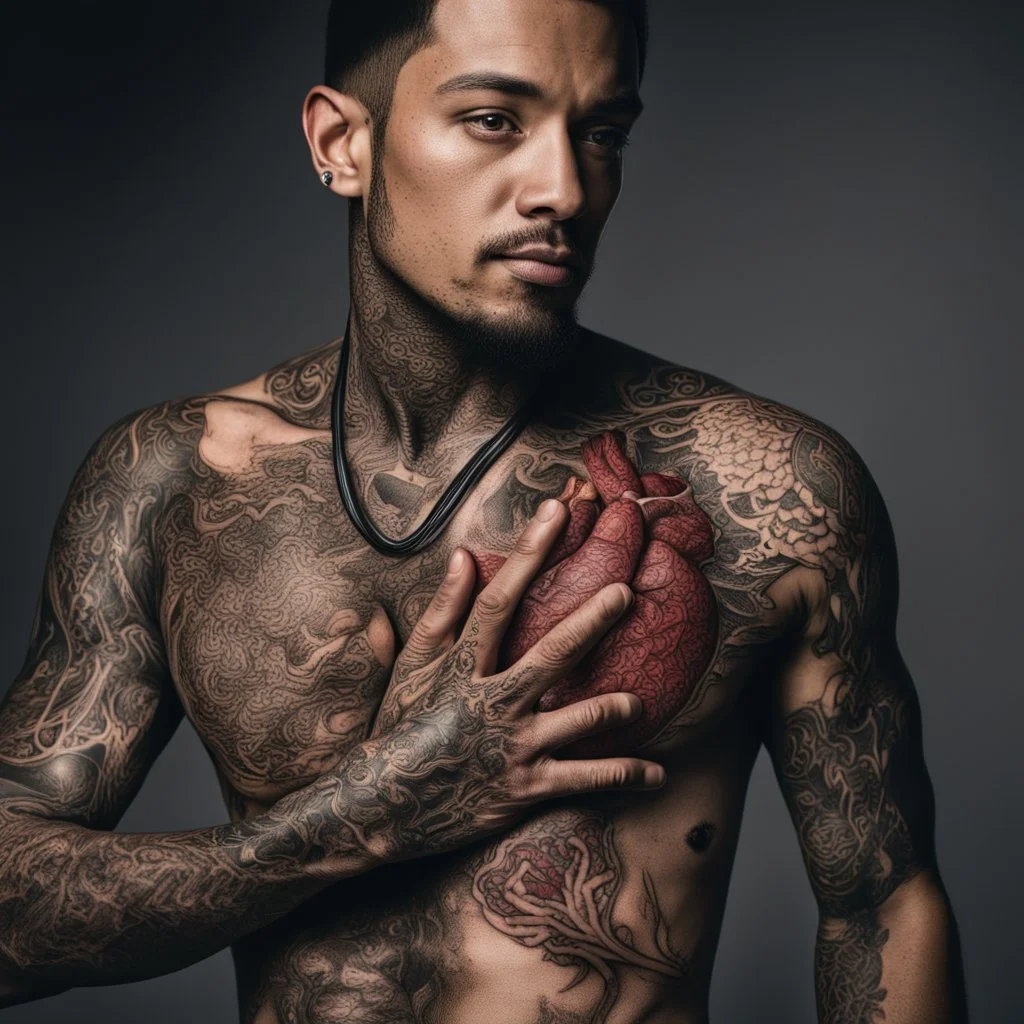 man with light skin with the entire cardiovascular system tattooed, nikon 70mm lens, photo, professional studio photo, very real