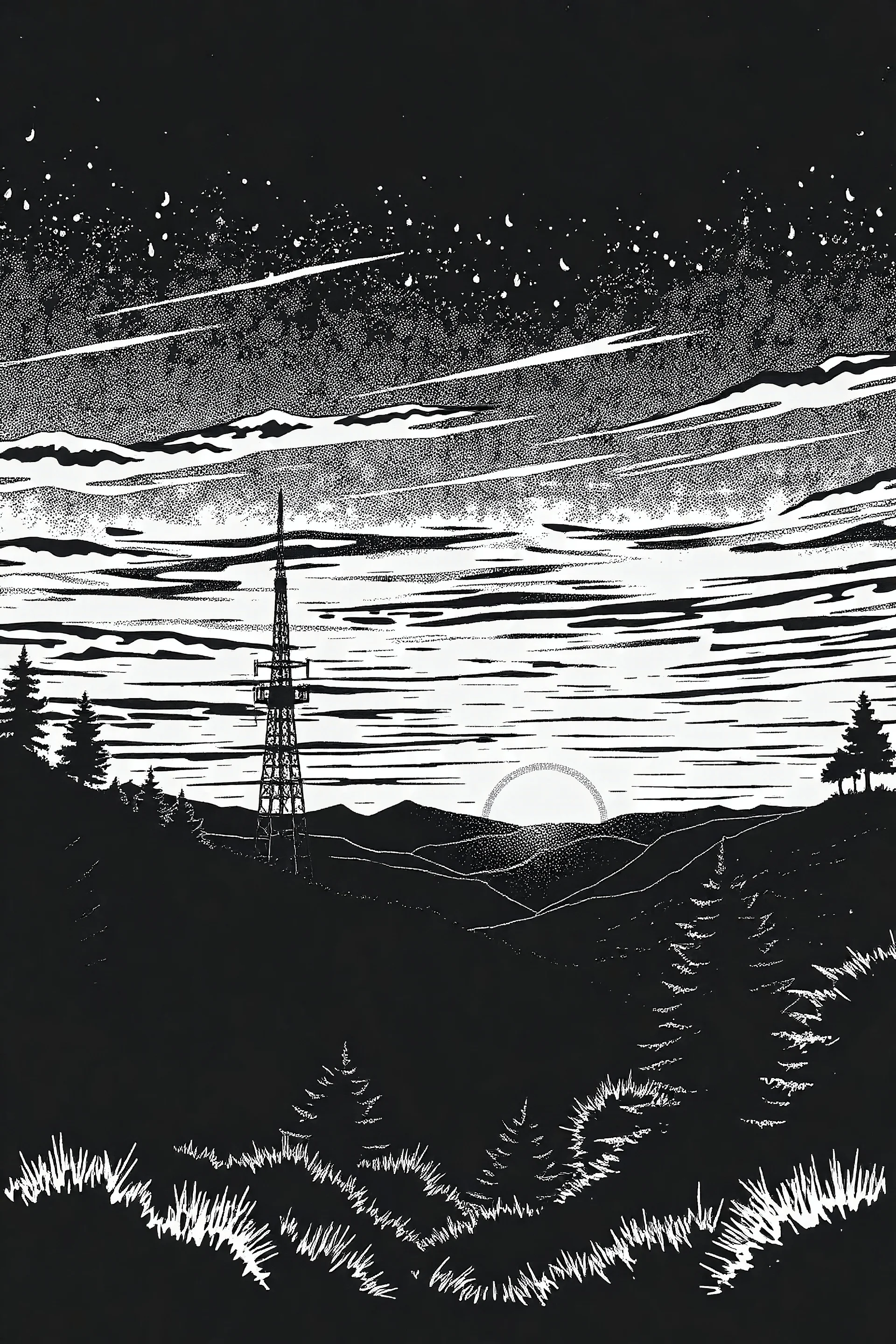 Black and White Woodcut art - Vistas, Radio Towers, sunsets