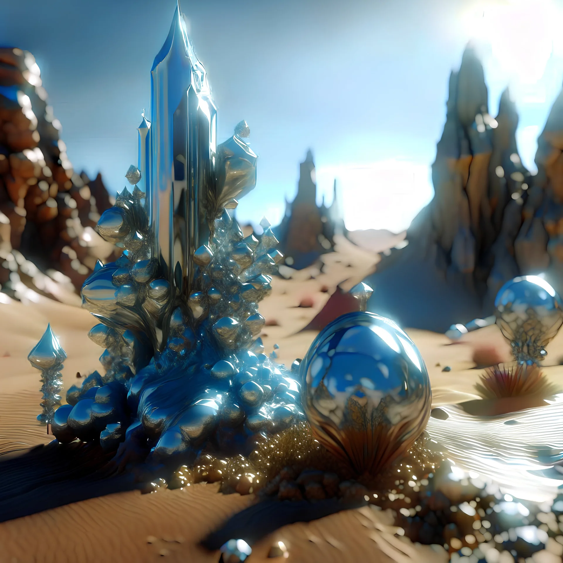 3d, crystal-like, odd objects in an odd environment, desert, masterpiece, good quality, intricate details, high quality, Yves Tanguy, best quality, 8k, in focus, sharp focus, DVD Screengrab, fantasy, sci-fi, cinematic, photorealism, octane render, frostbite, 8k, cinematic, unreal engine, bokeh, vray, houdini render, quixel megascans, arnold render, 8k uhd, raytracing, cgi, lumen reflections, cgsociety, ultra realistic, cinema4d, studio quality, highly detailed