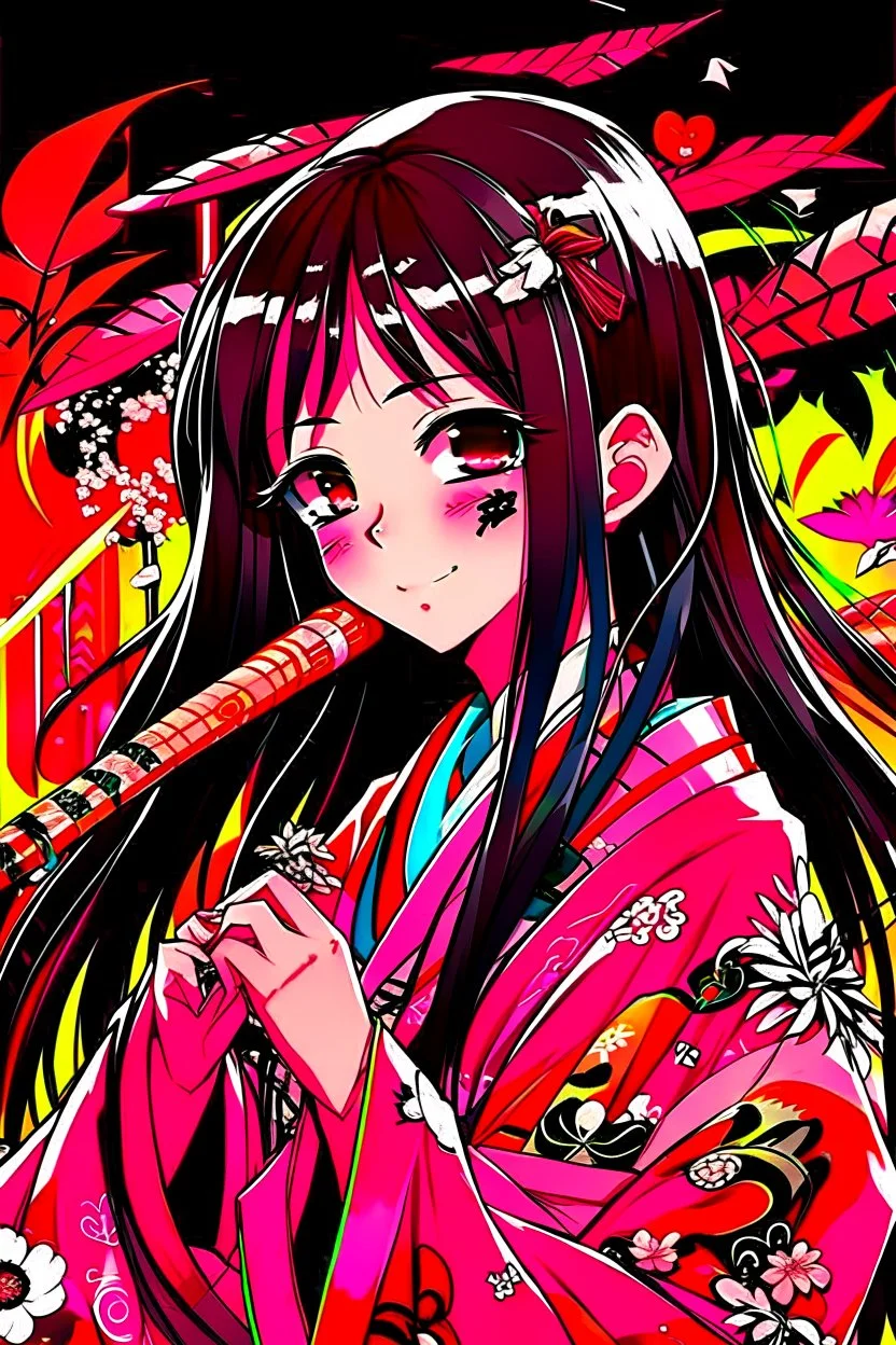 Cute Japanese girl, with pink eyes, a only horn on left side of head, dressed in her pink kimono and a black haori, black long hair with reddish tips, a piece of bamboo covering her mouth, drawing manga style, vibrant colors, in a manga book cover