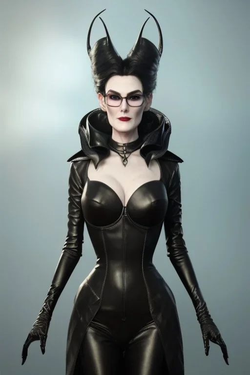 Carmen Dell`orifice as evil queen in black leather, leather, busty, cleavage, angry, stern look. character design by cory loftis, fenghua zhong, ryohei hase, ismail inceoglu and ruan jia. unreal engine 5, artistic lighting, highly detailed, photorealistic, fantasy