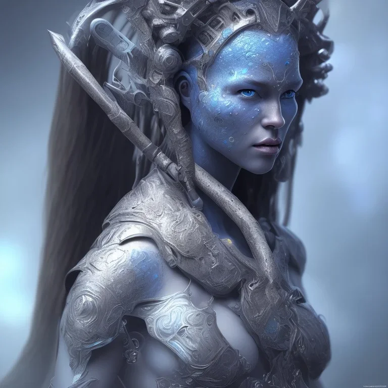 portriate of beautiful blue na'vi warrior,volumetric lighting, particals, intricate detail,realistc, close up