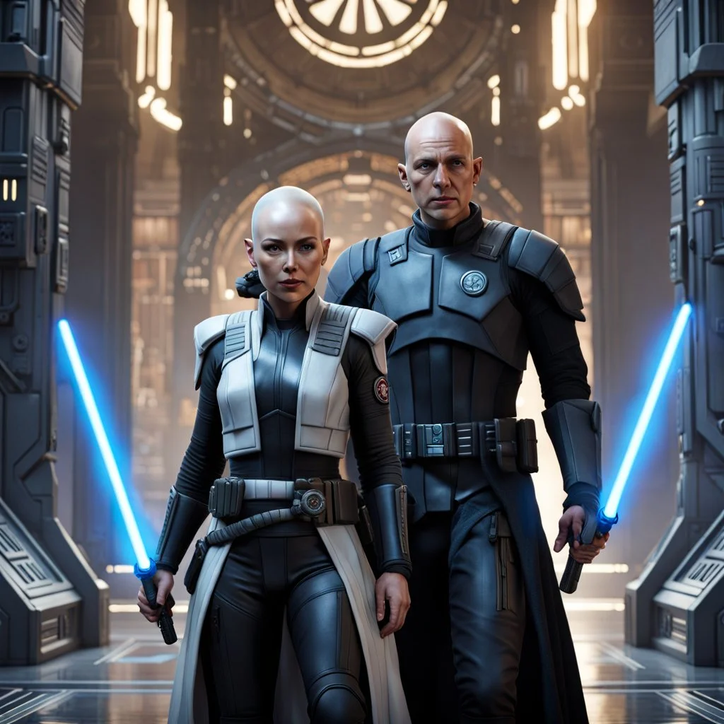 a bold and heroic bald male Corellian pilot in black and metallic grey First Order special forces gear meets a female Jedi Master in ancient, mystical temple, hyperdetailed, dynamic lighting, hyperdetailed background, 8k resolution, volumetric lighting, light skin, fully symmetric details