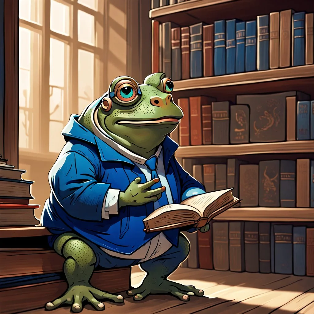 close a big and fat anthropomorphic frog hybrid in human clothes big head frog eyes talking with a strong anthropomorphic rhinoceros no horn, without horns in blue simple guard clothes, they talking and leaning on a wooden banister, in background a bibliothek with tall book shelves, detailed sci-fi, fantasy mood