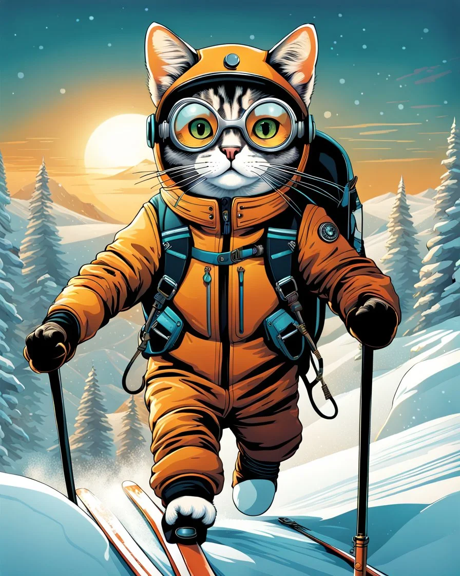 Hermosa ilustración steampunk coloreada arte lineal de un gato antropomorfico con traje de esquiador, esquiando en la nieve, calidad ultra, hiperdetallado,12k