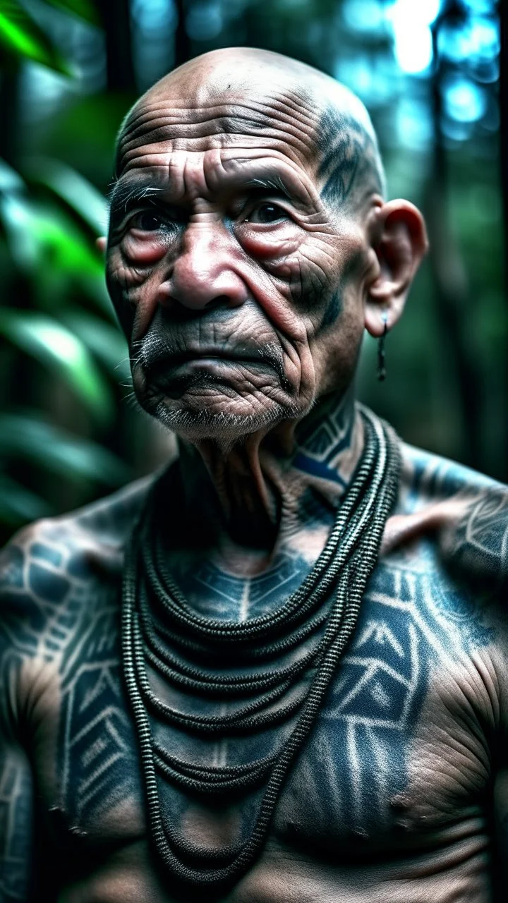 Front view,hyperrealistic, ultra HD shot of an old man with Mayan features, tribal tattoos, textured copper skin, elongated skull, tribal jewelry, large, Background of the figure in a jungle environment.