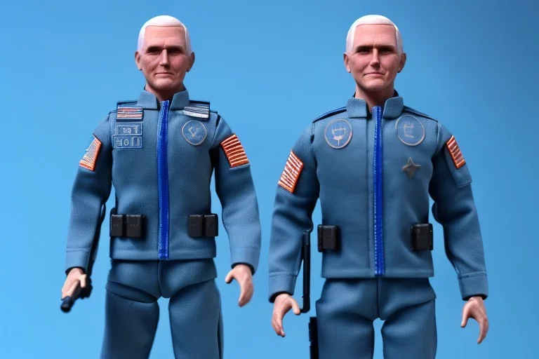 A Single Mike pence g.i. joe toy doll With a gun space force Blue cloth uniform, fluorescent orange, whole body wide view