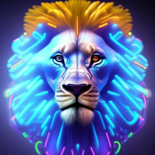 A beautiful portrait of a cyborg lion blue neon color scheme, high key lighting, volumetric light high details psychedelic background