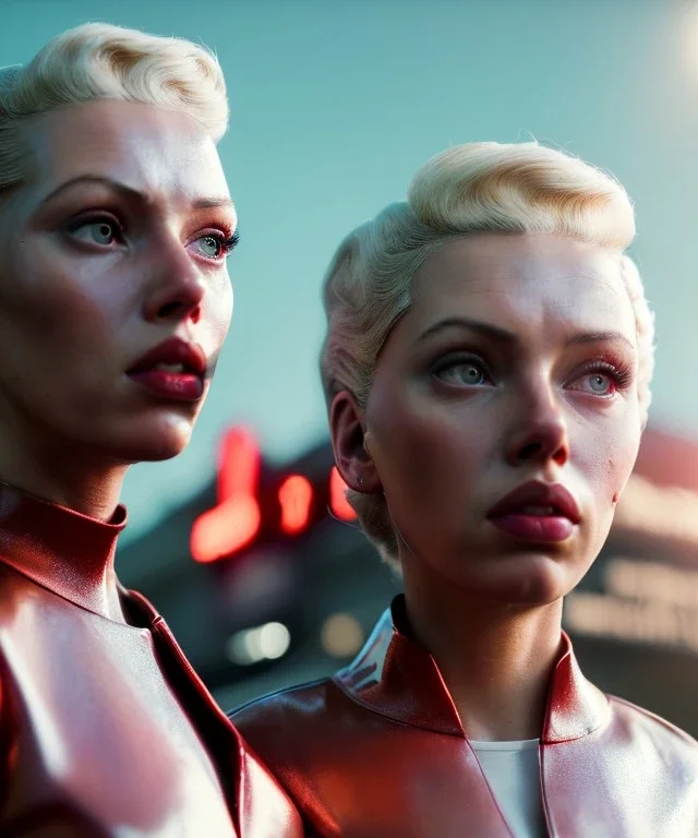 Ultra Realistic retro sci-fi movie Supermarket parking people scene, 1960 year, waist up view portrait, 2 clones blonde women, sweet scarlet Johansson face, perfect iris, glow eyes, face makeup, tight latex coat. many people looking, Retro sci-fi style, soft color, highly detailed, unreal engine 5, ray tracing, RTX, lumen lighting, ultra detail, volumetric lighting, 3d, finely drawn, high definition, high resolution.