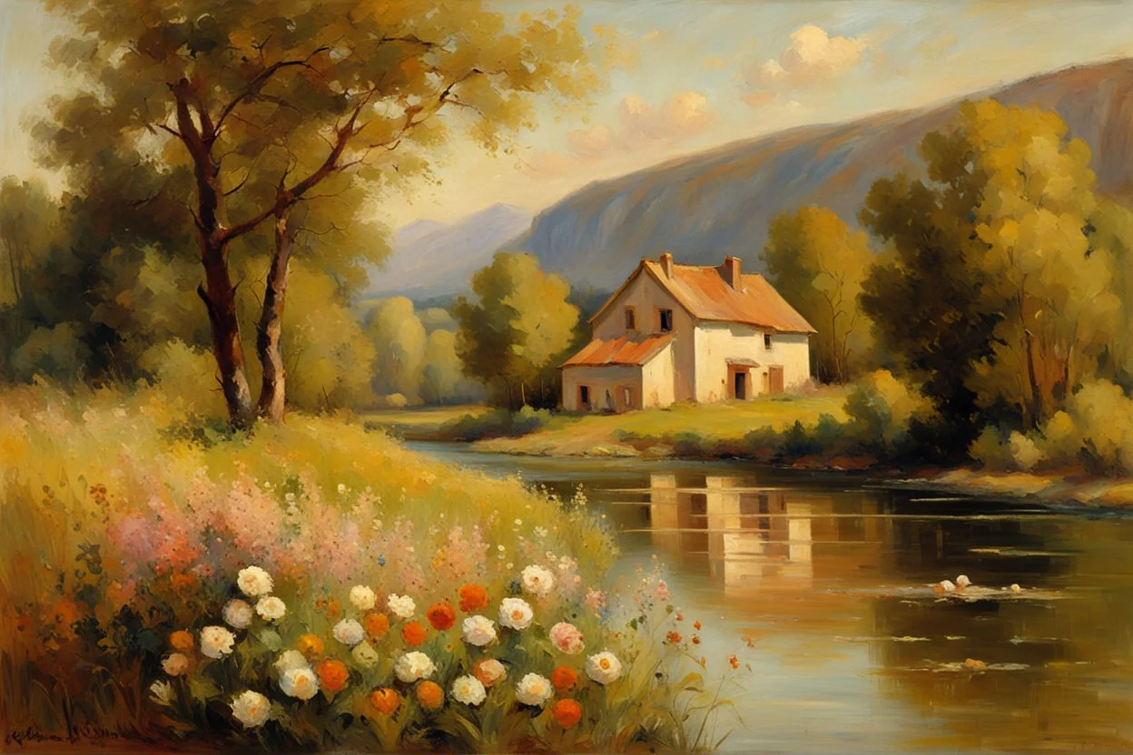 Sunny day, mountains, river, distant house, flowers, trees, wilfrid de glehn and pieter franciscus dierckx impressionism paintings