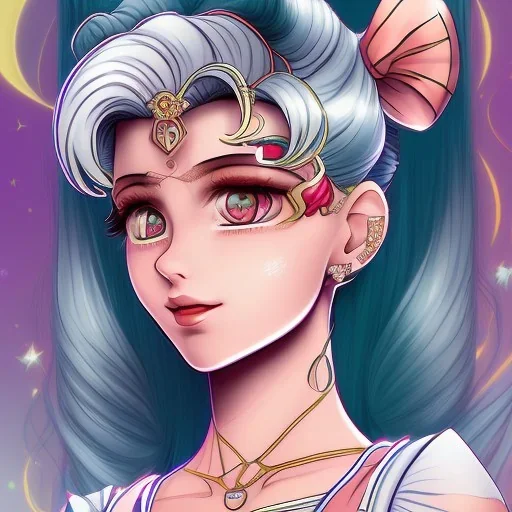 sailor moon con pelo largo rubio, con traje blanco,alas