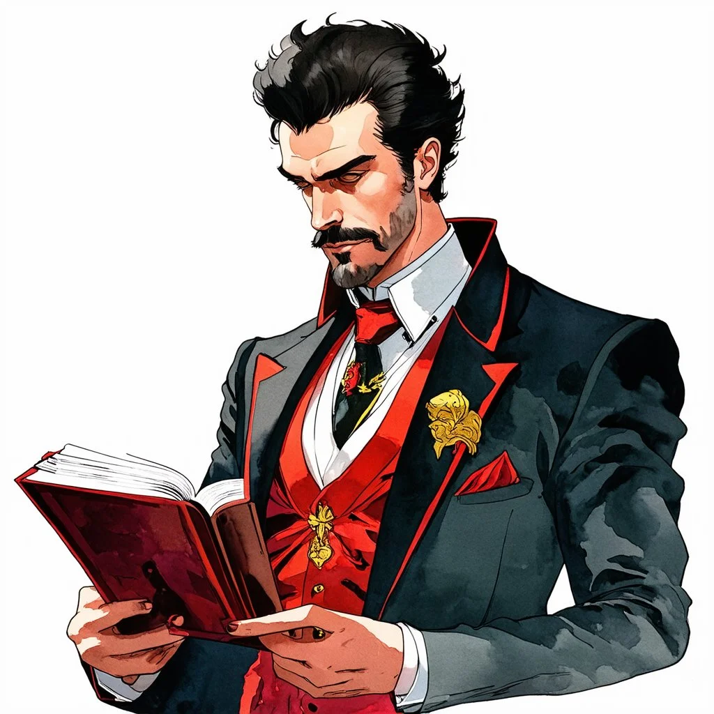 Dnd, fantasy, portrait, watercolour, book illustration, noble, suave, flashy, brimming with energy, fancy suit, very slim