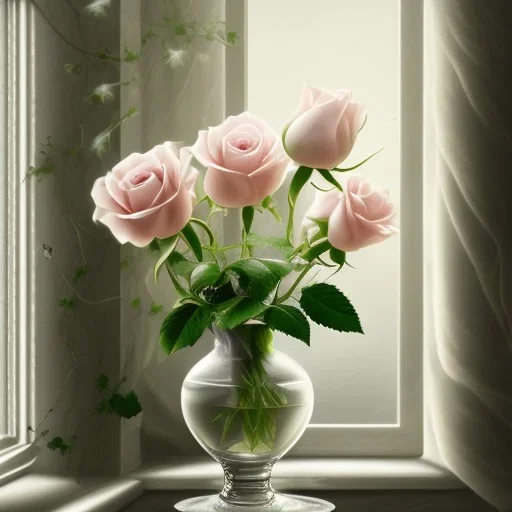 Single wilting white rose in a vase beside a window and seeing its reflection