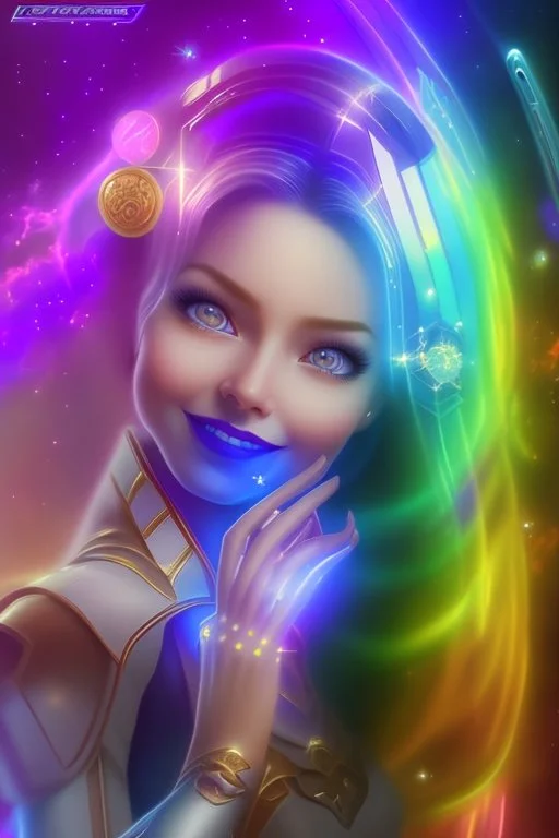 cosmic woman smile, admiral from the future, one fine whole face, crystalline skin, expressive blue eyes,rainbow, smiling lips, very nice smile, costume pleiadian, Beautiful tall woman pleiadian Galactic commander, ship, perfect datailed golden galactic suit, high rank, long blond hair, hand whit five perfect detailed finger, amazing big blue eyes, smilling mouth, high drfinition lips, cosmic happiness, bright colors, blue, pink, gold, jewels, realist, high commander,ufo rainbow