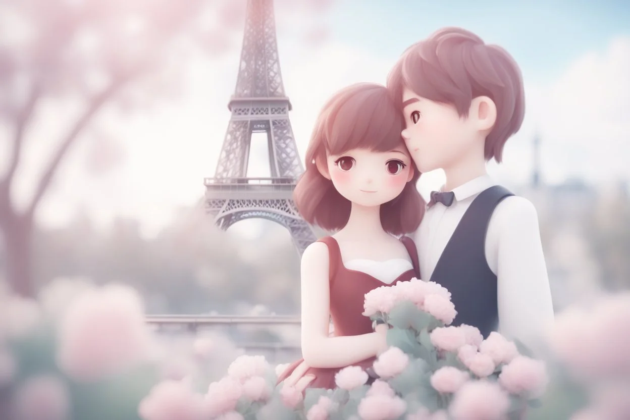 cute chibi mahogany haired girl with a short, silver haired boy, Eiffel tower, heart and love, flowers in Paris, ethereal, cinematic postprocessing, bokeh, dof