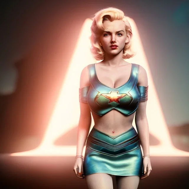 Realistic image classic superhero portrait, waist up view, blonde woman, sweet Marylin Monroe face, perfect iris, glow eyes, classic super hero dress, highly detailed, unreal engine 5, ray tracing, RTX, lumen lighting, ultra detail, volumetric lighting, 3d, finely drawn, high definition, high resolution.