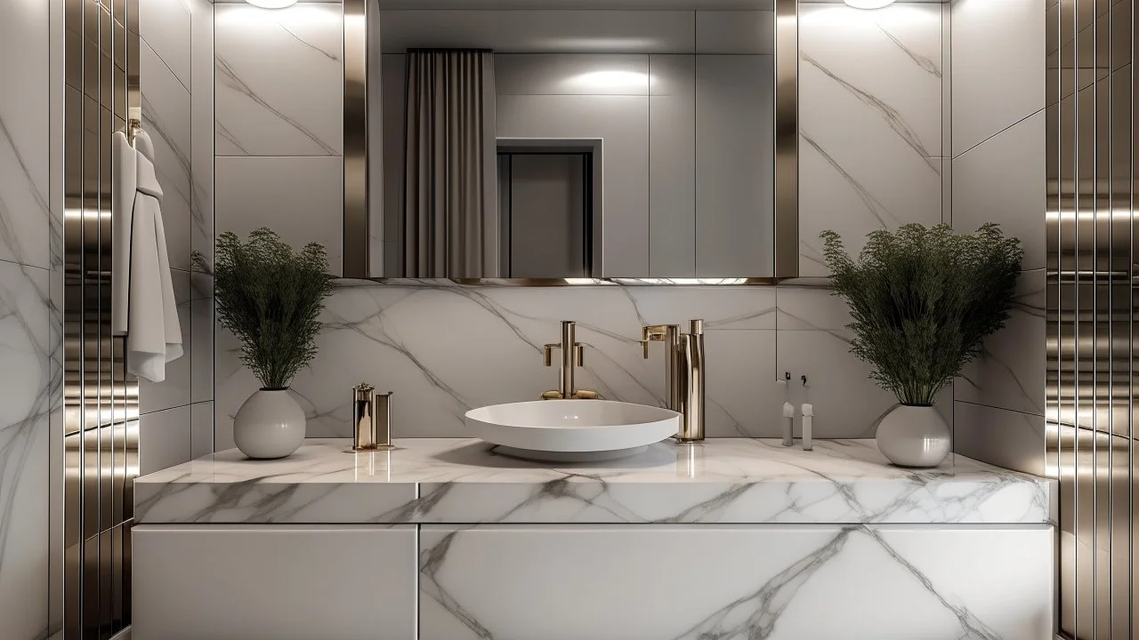 interior of a modern luxury bathroom from a frontal perspective, features an elegant white marble sink, accompanied by a matte ixox faucet, includes a large mirror with a stainless steel filigree that reflects the opulent decoration of the room, the floor and the Walls are finished in large white and gray veined marble tiles, adding to the luxurious aesthetic, soft LED lighting is integrated into the ceiling and behind the mirror, projecting a warm and bright ambiance. Lighting throughout the sp