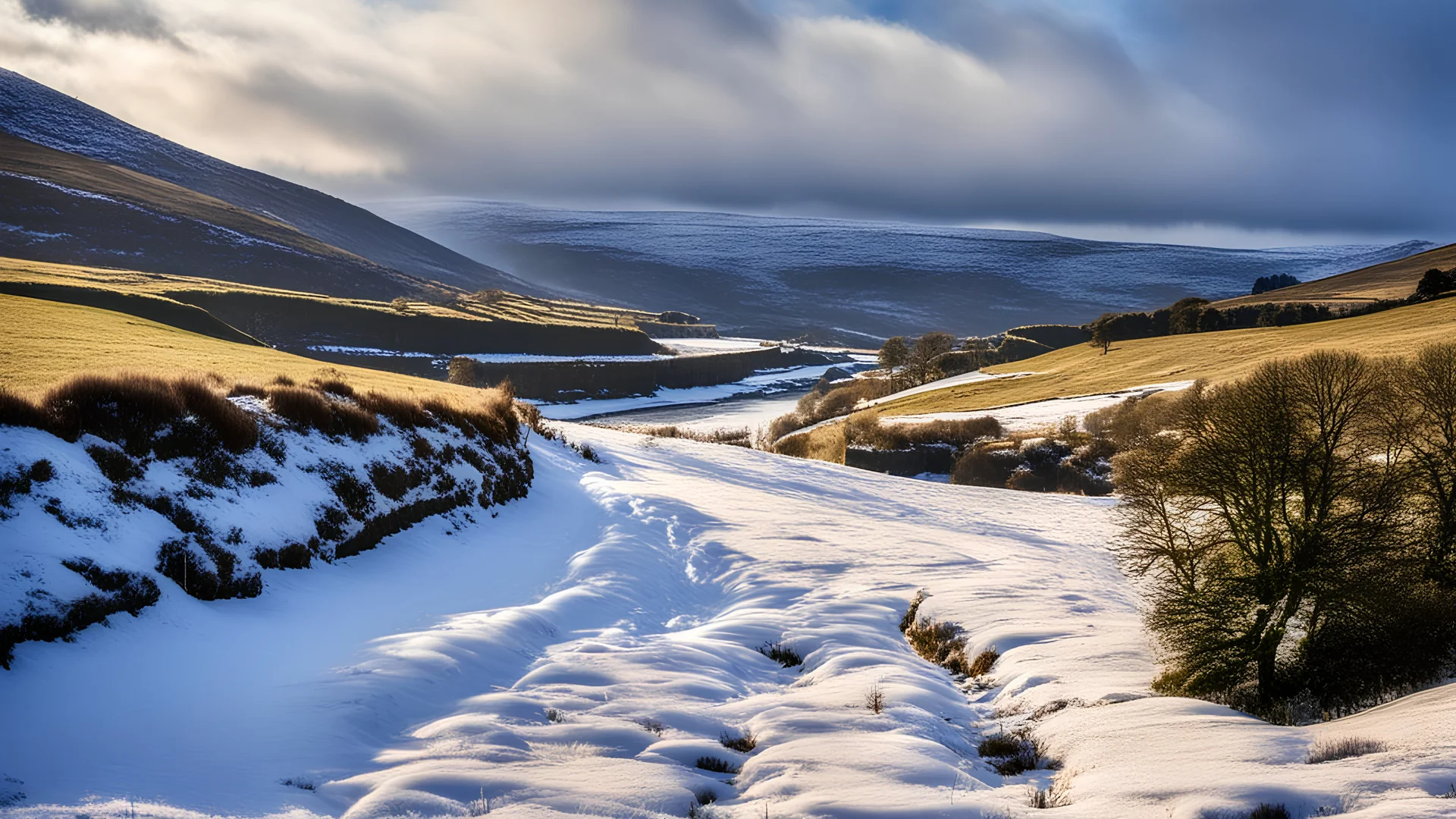 View in the Yorkshire Dales after a fresh snowfall, with beautiful sky, late afternoon sunshine, stone walls, hills and valleys, river, calm, peaceful, tranquil, beautiful composition, chiaroscuro, detail