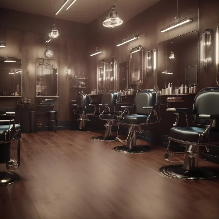 inside modern barber shop, 8k, extremly detailed,luxus, wohlhabend, cinema4d, 3d render, creative, complex, shining, much light