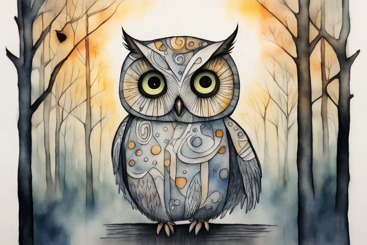 owl-nurse in the hospital, styles of Paul Klee Dee Nickerson and Tim Burton, melting watercolor and black ink outlines on wet paper, soft, shading strokes, in sunshine, ethereal, otherwordly, cinematic postprocessing, bokeh, dof