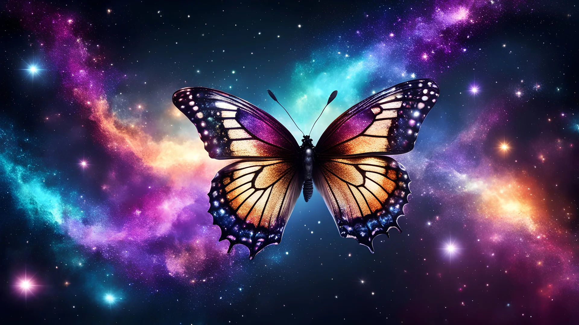 butterfly flying in space , glitter, galaxy, magical