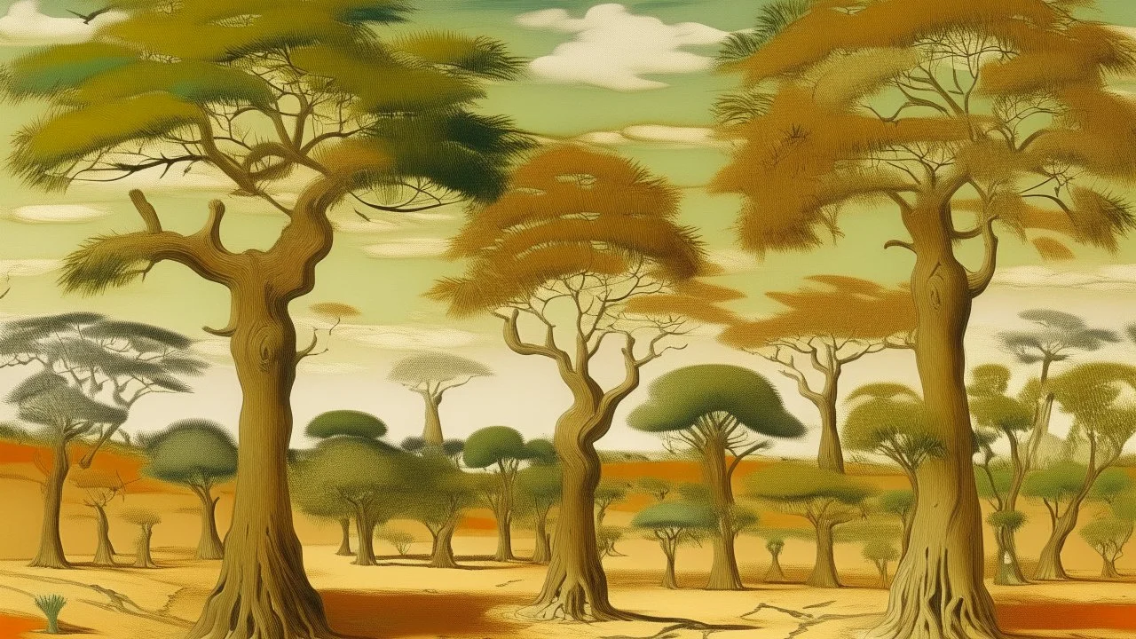 A tan field with baobab trees designed in African pottery painted by Édouard Manet