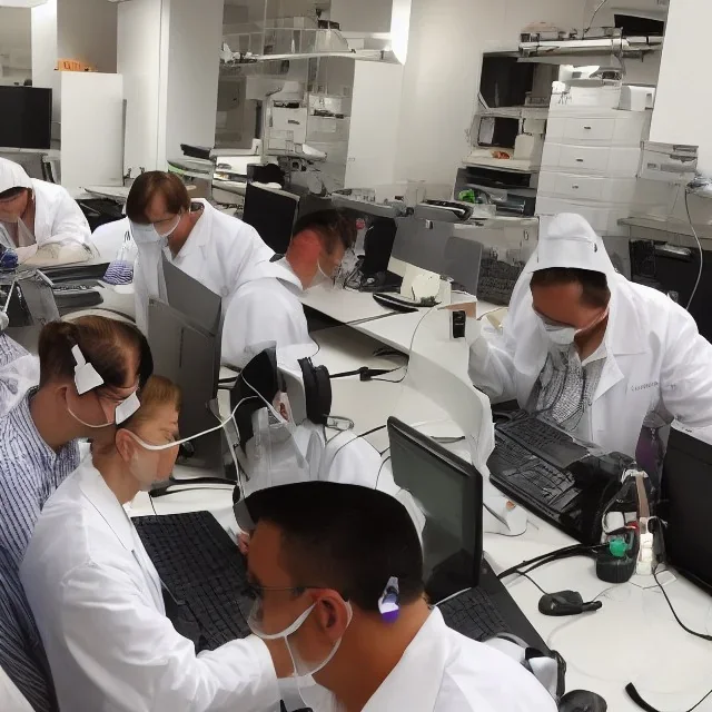 scientists at the computer in carnival masks. the masks are checkered.