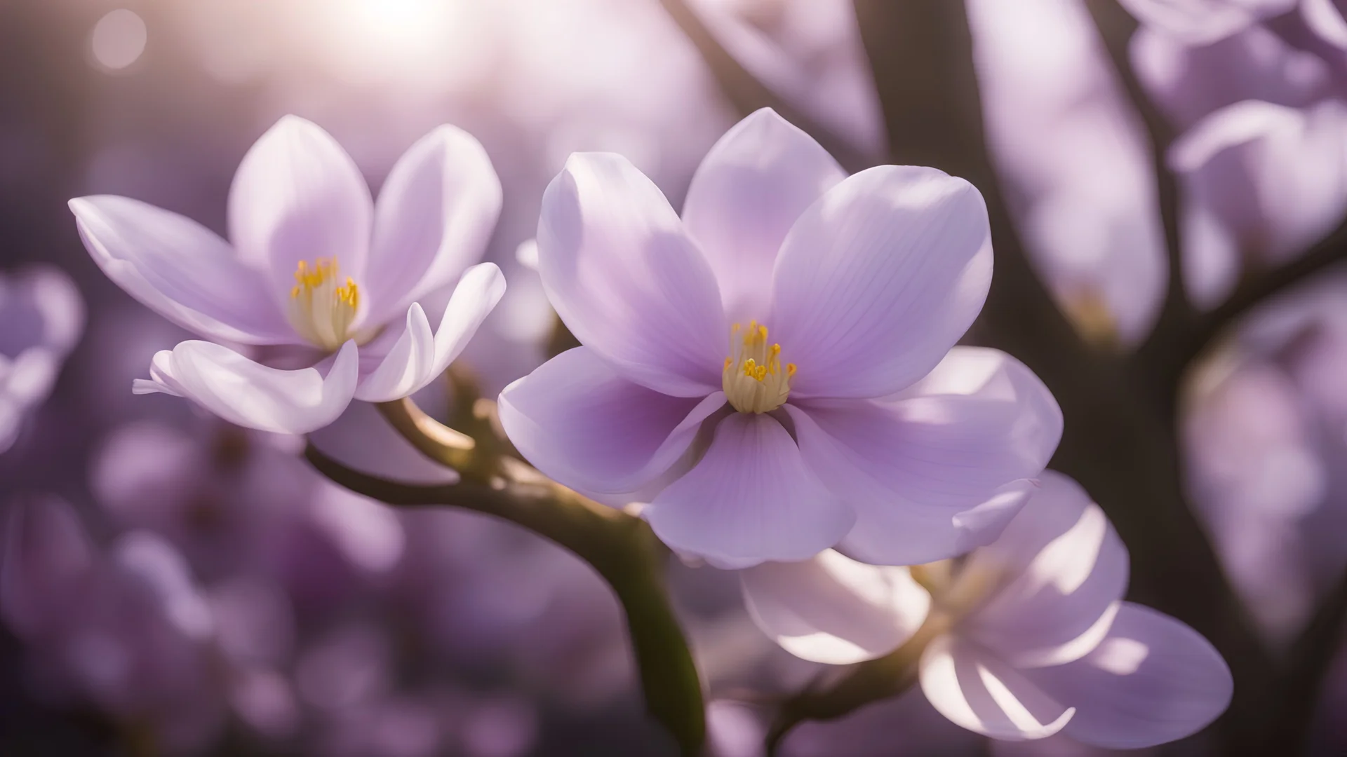 Half Tree Magnolia Flower Purple Light Translucent Layered Close-up Clear Distant Blur Poetic Photography Flat View Realistic 8K HD les fleurs de printemps, (violettes, jonquilles, narcisses, ) avec un fond de cascade