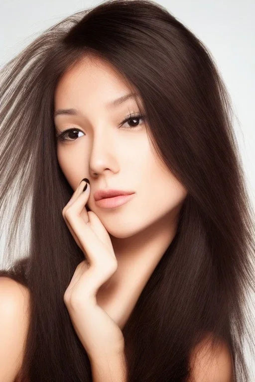 woman with golden ratio face, long hair brunette with and Asia skin tone.