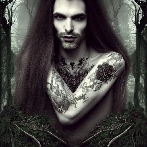 perfect long-haired Vampire, perfect eyes,perfect face, full tattoos of roses art and trees ,8k resolution, high-quality, fine-detail, intricate, digital art,volumetric lighting,highly detailed, masterpiece, delicate detailed, sharp focus, insanely detailed, fantasy art, intricate detailed, elegant, fog, Special Lighting, Vibrant, color Scheme, forest, unreal engine 5, trending on artstation,phighly detailed fantasy rose tones portrait. Jacek Yerka. Daniel Merriam .