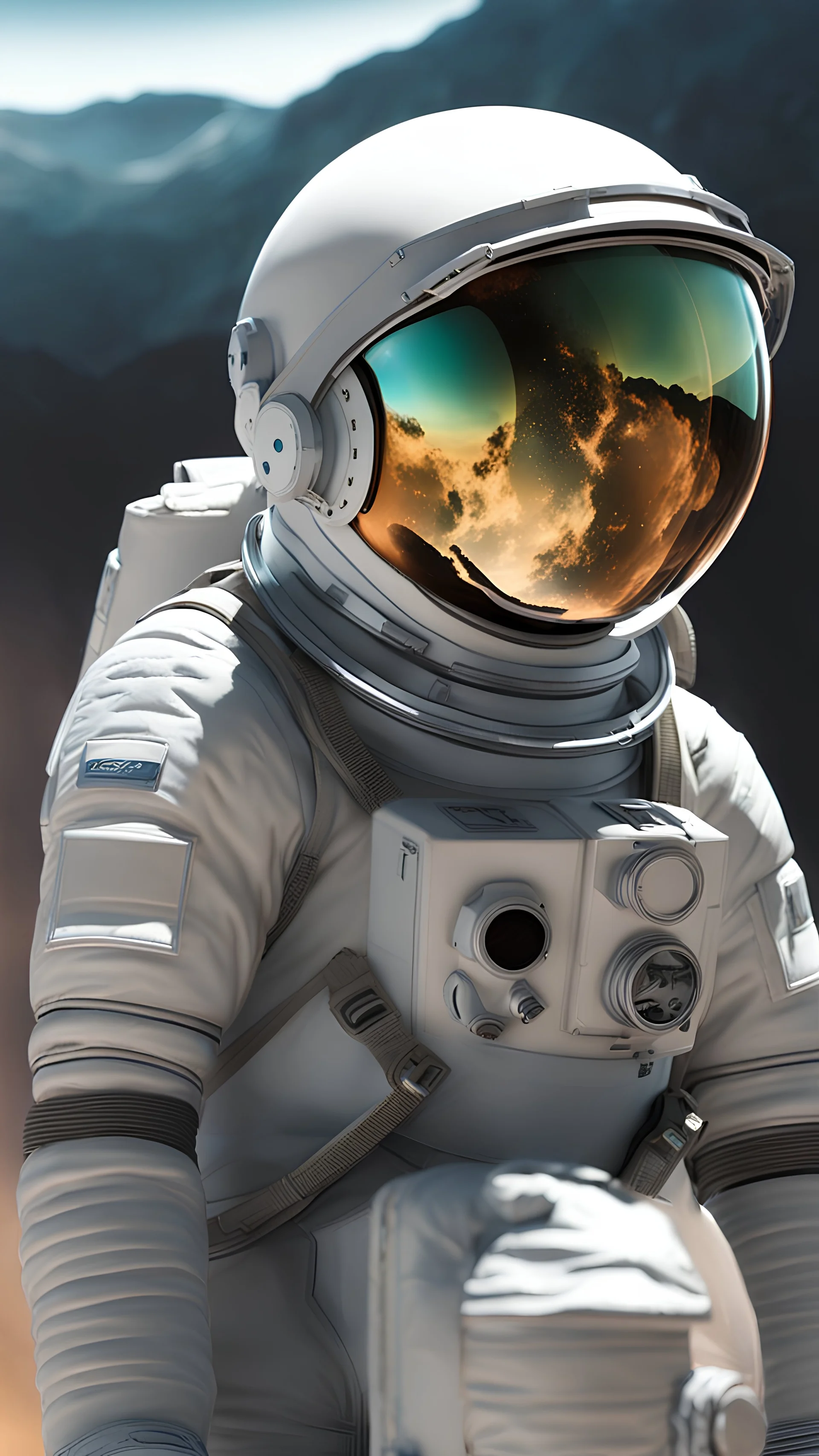 photo realistic side view shot from European space agency an astronaut girl wearing sufficient simple uniform of year 2100 improved unique amazing mask color #edb00e, sleek mask is big glass and the rest made of chromium metal one layer color #edb00e, outside view of a planet reflected partially transparent, smooth mask, color gradients, enhanced exposure lights, surprised with landscape emotional delicate athletic body, futuristic appealing intricate, volumetric lighting, 250 megapixels