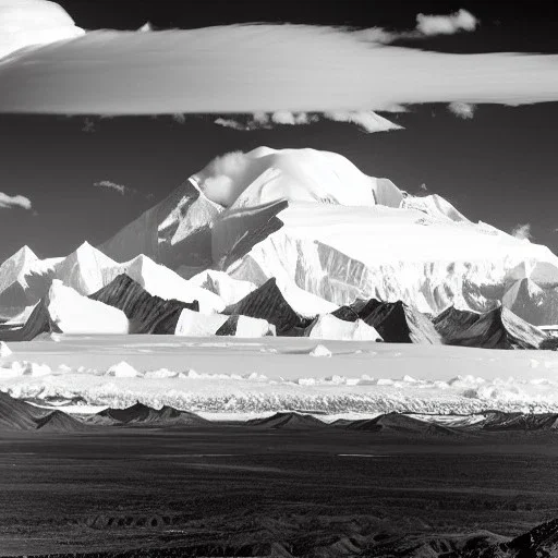 Ansel adams black & white Photo of denali in alaska, hyper realistic, zone system, even tones, rich gradients, dramatic lighting, 4k, volumetric, clouds, majestic