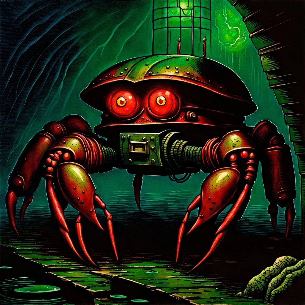 90's TCG fantasy artwork art of robot crab in sewer