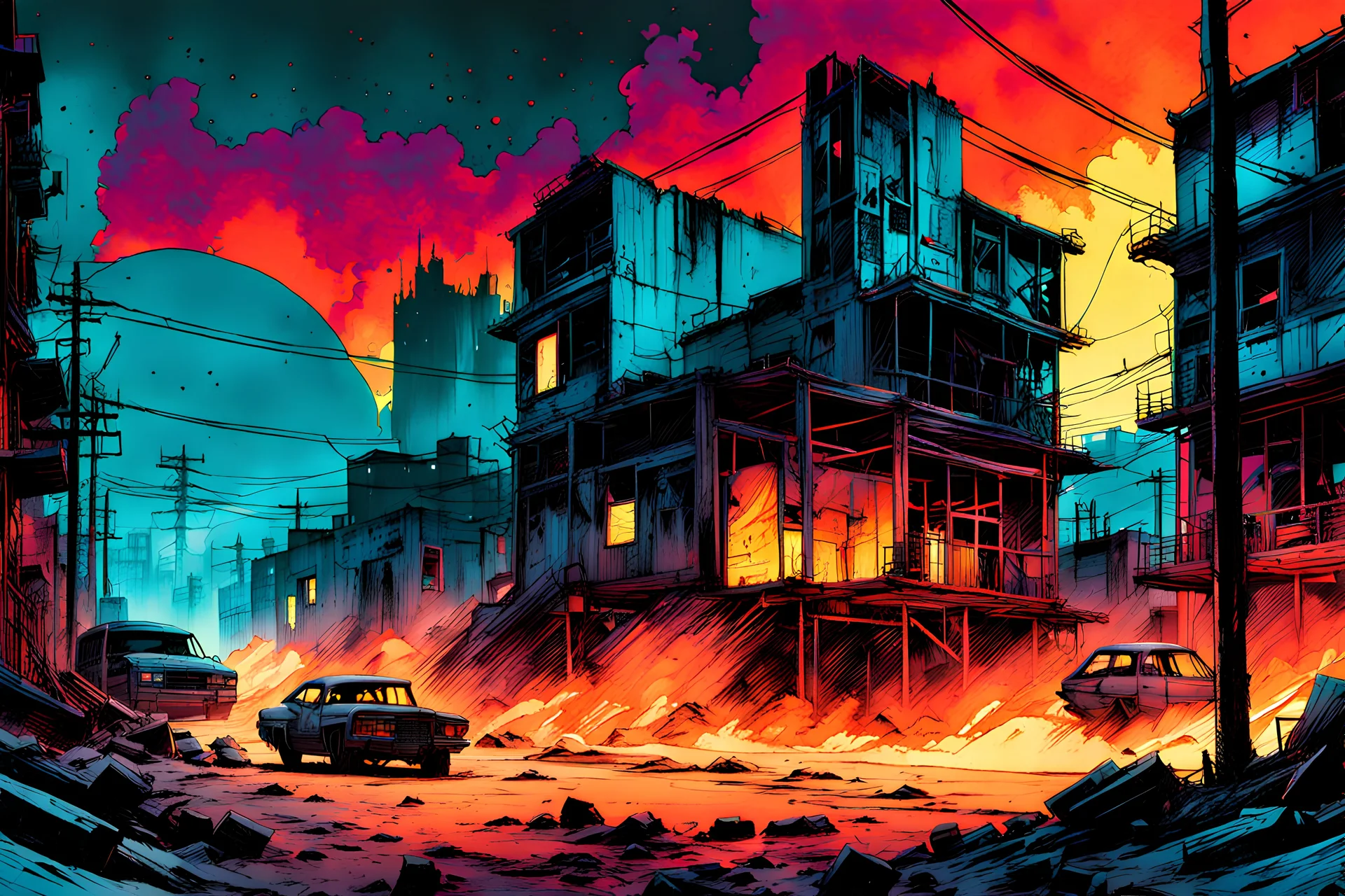 create a hyper detailed 3d illustration of a small post apocalyptic ghost town in the comic art style of FRANK MILLER and BILL SIENKIEWICZ, searing lines and forceful strokes, precisely drawn, boldly inked, with gritty textures, vibrant colors, dramatic otherworldly lighting, 8k