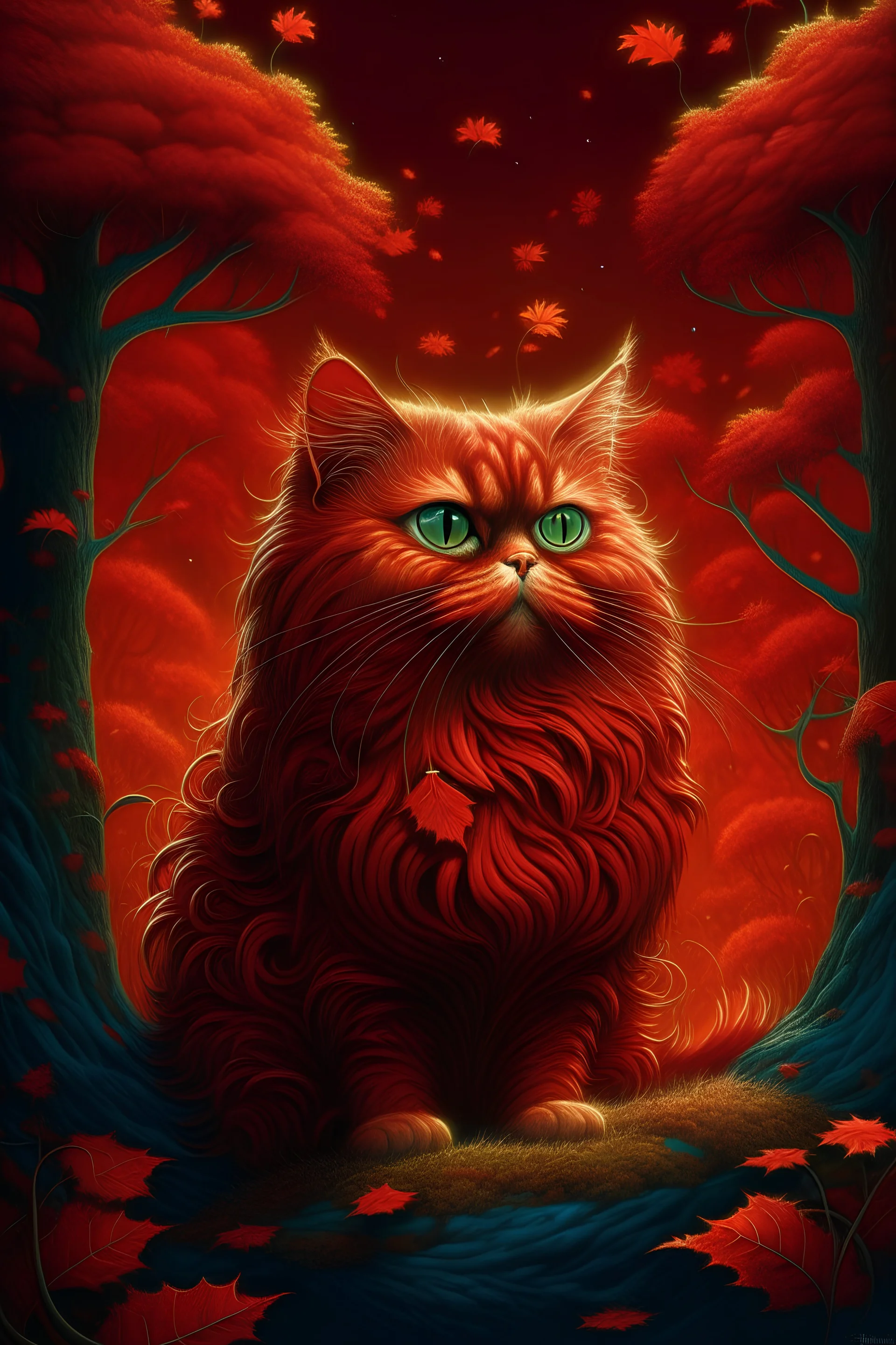 ultra highly detailed, detailed acrylic on silk an exotic persian cat by Andy Kehoe, detailed sky, autumn, red trees, forest red moon, swirling leaves, digital painting, highly detailed, filigree, intricated, intricated pose, clarity, high quality, unreal engine, greg rutkowski, loish, rhads, beeple, makoto shinkai and lois van baarle, ilya kuvshinov, rossdraws, tom bagshaw, alphonse mucha, global illumination, detailed and intricate environment