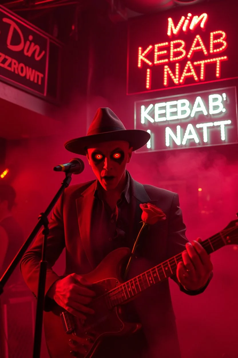 An spanish Guy with psychotic big eyes "Enrique" performing at dance club, his name is the stalker "Enrique" Red roses On stage, red Neon lights and smog, and "Din KEBAB I NATT" big sign on the wall, serenade under balcony, ZORRO vibes