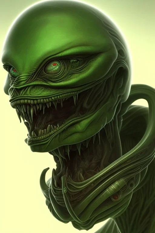 green alien, head, evil, red eyes, big silver teeth, weapons, blood, 8k, finely detailed, photo realistic, HR Giger style