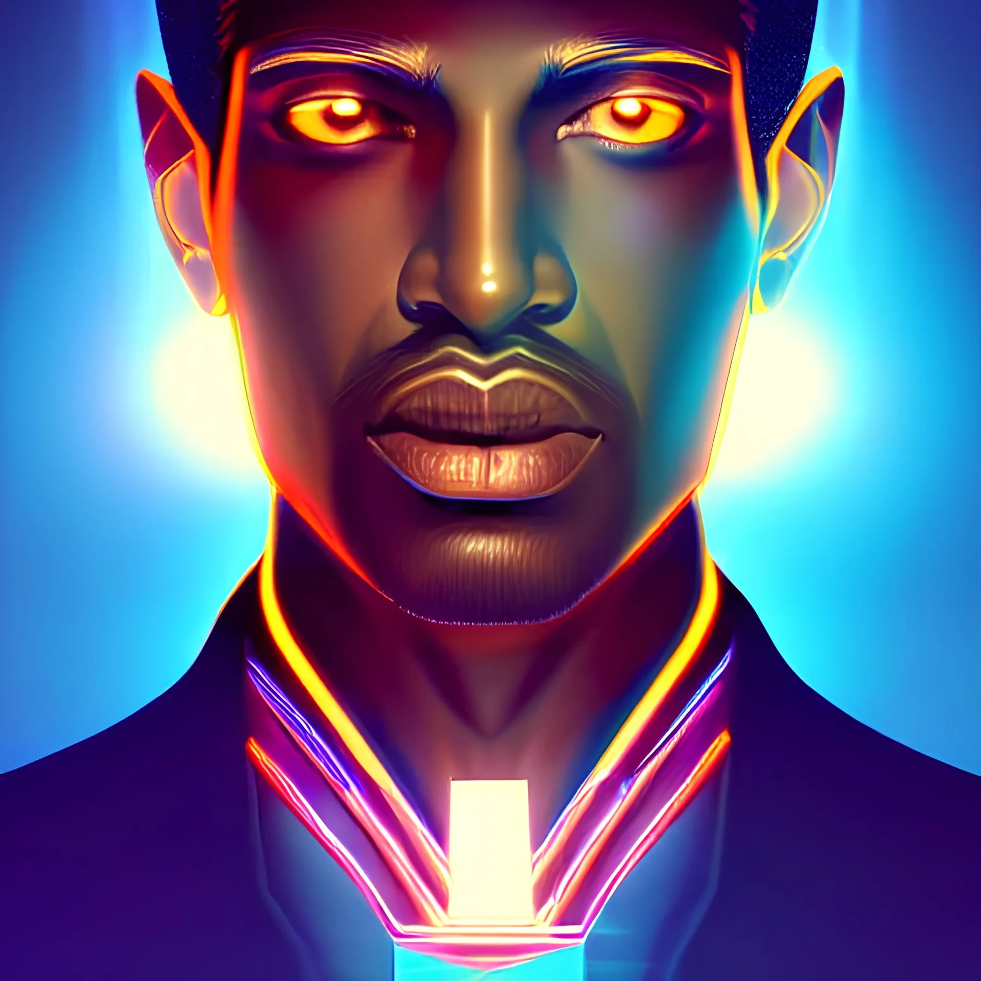 symmetry!! egyptian prince of technology, solid cube of light, hard edges, product render retro - futuristic poster scifi, lasers and neon circuits, brown skin man egyptian prince, intricate, elegant, highly detailed, digital painting, artstation, concept art, smooth, sharp focus, illustration, dreamlike, art by artgerm