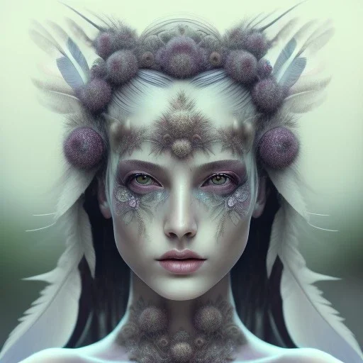 Portrait of beautiful girl, face dept of field,face shining, plant, metal, feathers, Dryad, fae, sidhe, ominous, nature, plants, wildflower sparkle,wildflower 3d view, facepaint, dnd character portrait, intricate, oil on canvas, masterpiece, expert, insanely detailed, 4k resolution, retroanime style, cute big circular reflective eyes, cinematic smooth, intricate detail , soft smooth lighting, soft pastel colors, painted Renaissance style,sharp fucus, bokeh,macro lens, 1500mm lens