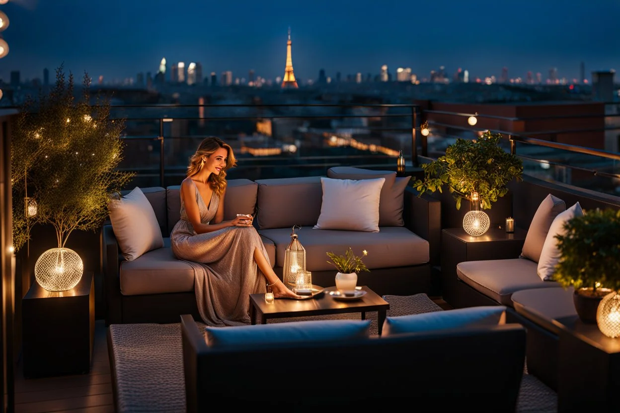 Middle shot from a beauty lady is sitting on the sofa in a nice shiny dress and enjoying the evening atmosphere. , a Roof terrace with sofas, one poof a small table with cocktail and potted plants. The area is lit by string lights, cozy atmosphere. the illuminated terrace and the view of the big city in the background makes this environment relaxing and spectacular. high detalied, cinematic