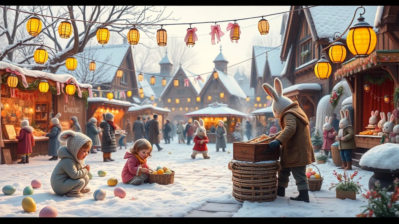 Festival Square – Subtle Excitement and Cheer"The Easter festival in the village square is alive with tiny, joyful movements. Children giggle as they crouch in the snow, their hands reaching for hidden pastel-colored eggs. A warm breeze causes ribbons tied to market stalls to flutter softly, their pastel hues catching the golden lantern light. A wooden stage creaks gently as a choir of bunny figurines sways in rhythm, singing a festive tune. A villager carefully places a fresh batch of steaming