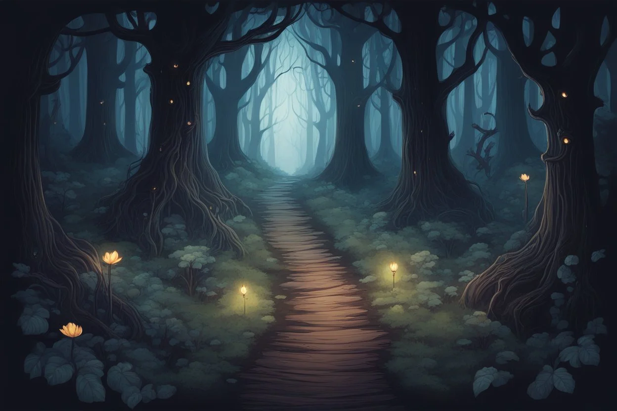 лес темный, с тропинками ведущая в бок, иллюстрация сказочная