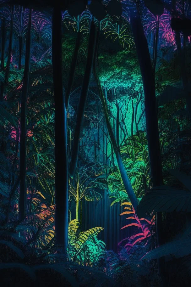 Canopy view tropical forest at night, with each tree emitting differrence colours bioluminiscene