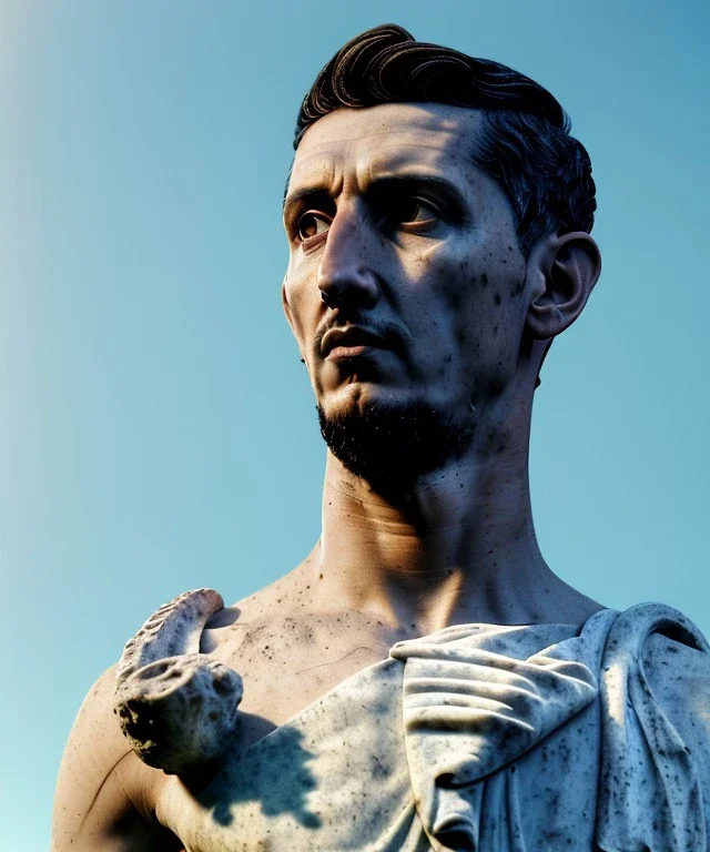 Ultra Realistic image, roman sculpture, marble deluxe material, Angel di maria soccer player, Greece Laurel crown, miguel angel style, chisel style, emperador, waist up portrait, cinematic lighting, God light, god rays, 4k resolution, smooth details, ornate details, soft lighting, unreal engine 5, sky background.