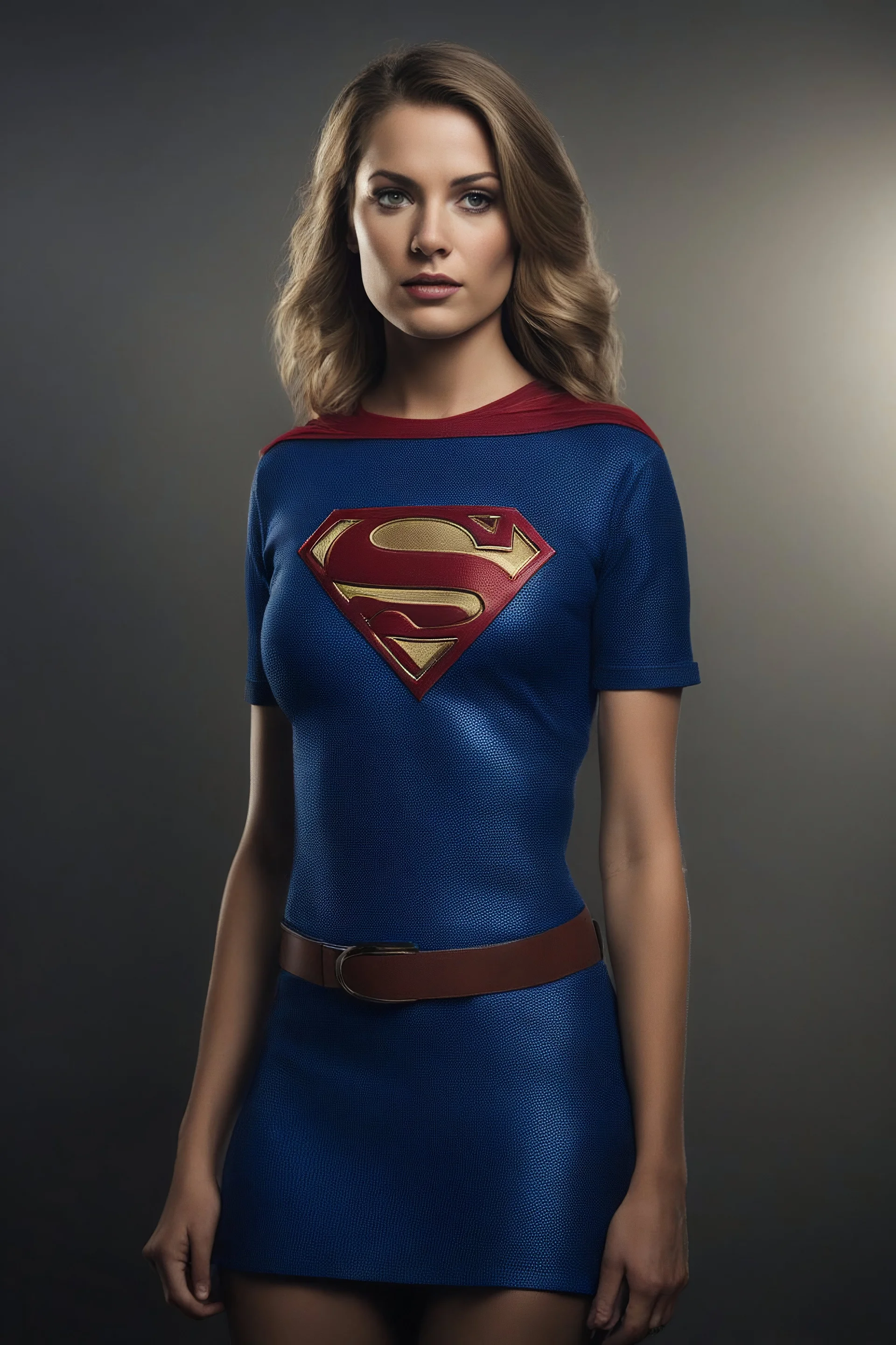 Supergirl, Realistic Stock Photo, ProtoVision, Realism Engine, RealVis XL, Zavy Chroma XL. facial portrait, chiaroscuro, deep shadows, rich deep colors, highly detailed portrait, Kara Zor-El, large jugs, blue and white-striped nylon, short sleeved, pullover, mini dress with a belt, 21-years-old, full color, expression of extreme happiness, hope and positivity, 4k UHD, Ultra-realistic, Hyper realistic, Photorealistic, Realistic, absolute Reality,