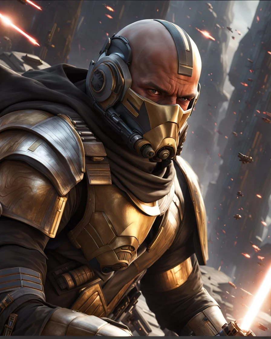 star wars bald male corellian pilot wearing pearlescent black and gunmetal grey First Order special forces heavy assault stealth commando armor and helmet with gold trim inside the jedi temple, hyperdetailed, dynamic lighting, hyperdetailed background, 8k resolution, volumetric lighting, light skin, fully symmetric details