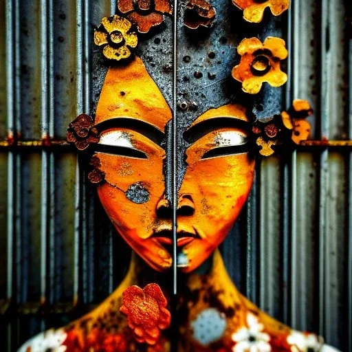 an abstract painting of rusted metal and flowers, Geisha portrait, rust, scaffolding, iron cladding, decay, mixed media, textured, anatomically correct, beautiful perfect face, sharp focus, highly detailed 8k