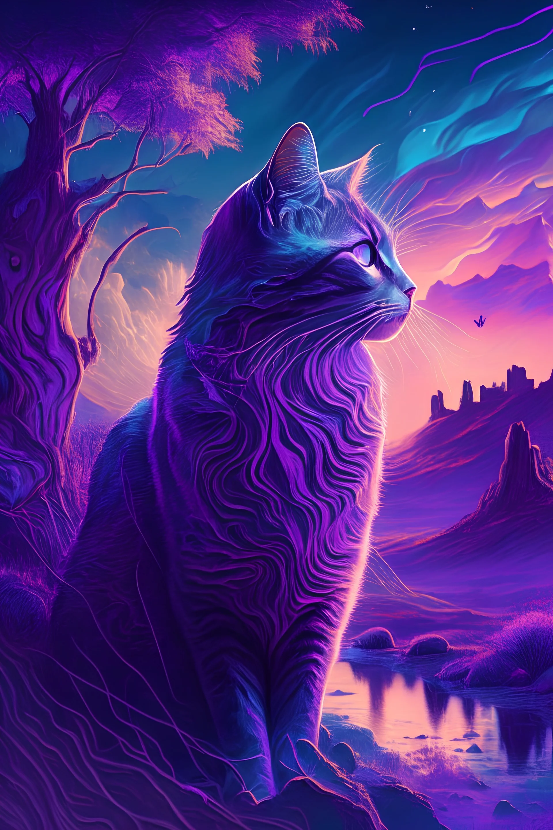 majestic cat, psychedelic, violet tones, fantasy landscape