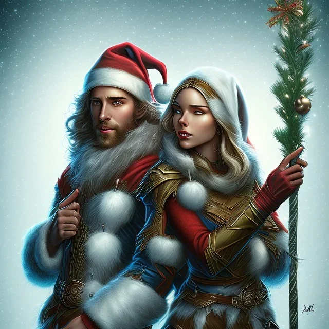 two elves. woman and man. Christmas scene. poster. marvel comic. low-key