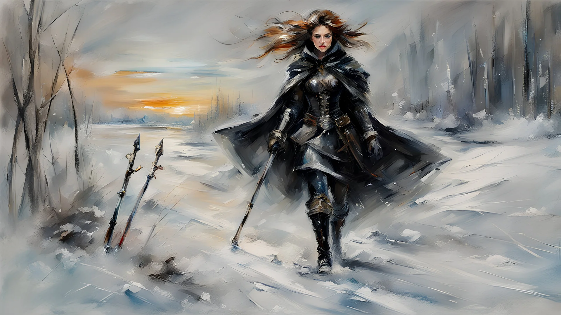 a warrior woman in black armor on the background of a cold snow-covered country, ice and crystal, frost and snow, oil and pastel, by Leonid Afremov & William Kentridge & Anna Razumovskaya